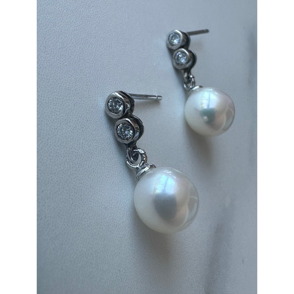 Sterling Silver White Pearl Cubic Zirconia Drop Earrings Post Back Classic 925